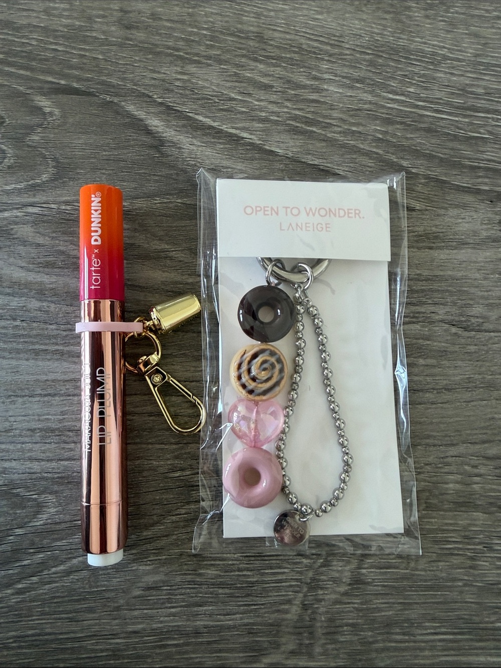 tarte x Dunkin' Lip Plump Rosy Mauve Glass Shimmer + Laneige Donut Keychain